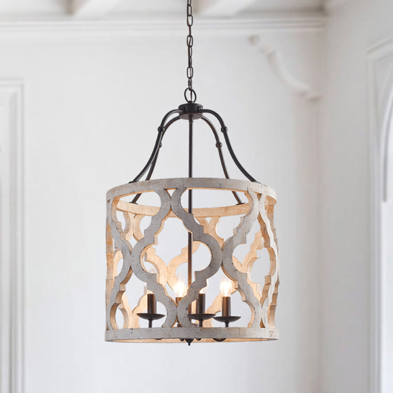 Cylinder Pendant Chandelier Traditional Wood 4 Bulbs Light - Rebooters