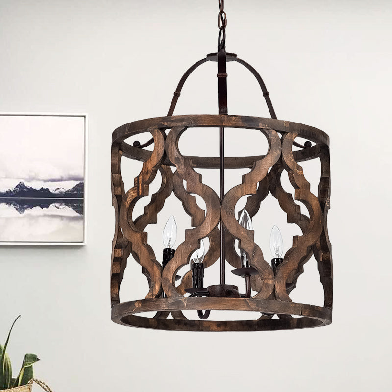 Cylinder Pendant Chandelier Traditional Wood 4 Bulbs Light - Rebooters