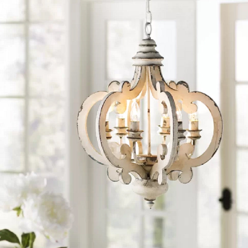 5 Bulbs Circle Ceiling Chandelier Traditional Wood Lighting Fixture in White - Rebooters