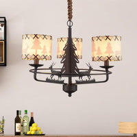 Beige Drum Chandelier Lamp Traditional Fabric 3 Lights Bedroom Hanging Light with Animal Design - Rebooters