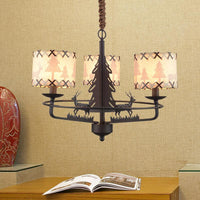 Beige Drum Chandelier Lamp Traditional Fabric 3 Lights Bedroom Hanging Light with Animal Design - Rebooters