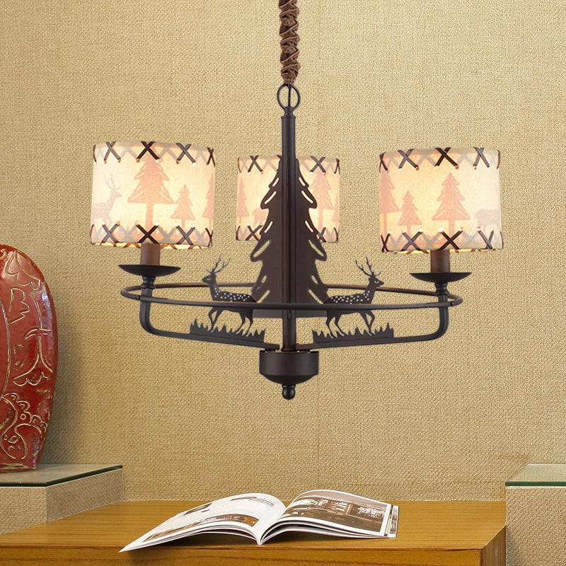 Beige Drum Chandelier Lamp Traditional Fabric 3 Lights Bedroom Hanging Light with Animal Design - Rebooters