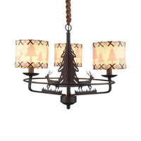 Beige Drum Chandelier Lamp Traditional Fabric 3 Lights Bedroom Hanging Light with Animal Design - Rebooters