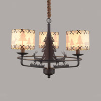 Beige Drum Chandelier Lamp Traditional Fabric 3 Lights Bedroom Hanging Light with Animal Design - Rebooters