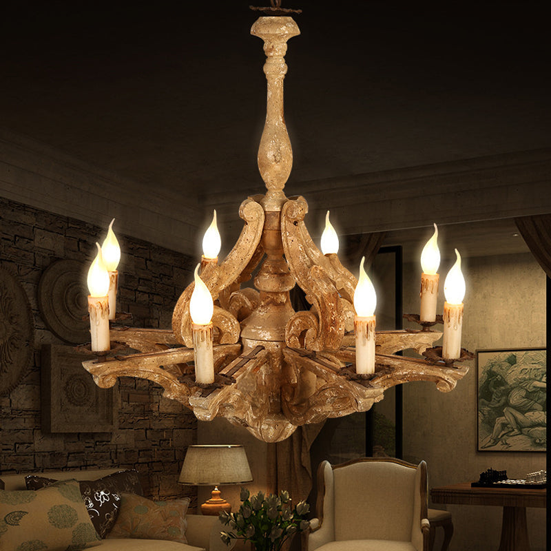 Wooden Candle Chandelier Lamp Rustic 8-Head Ceiling Light - Rebooters