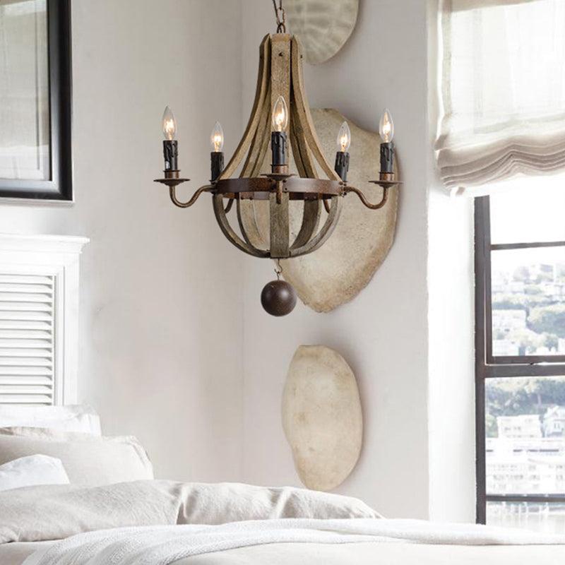 5/6 Lights Chandelier Lighting Fixture Rustic Wine Barrel Wood Hanging Light in Brown - Rebooters