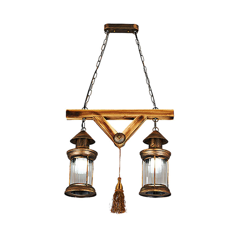 2 Lights Wooden Chandelier Lamp Farmhouse Antique Brass Pendant - Rebooters