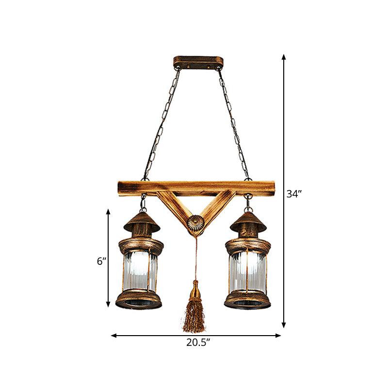 2 Lights Wooden Chandelier Lamp Farmhouse Antique Brass Pendant - Rebooters
