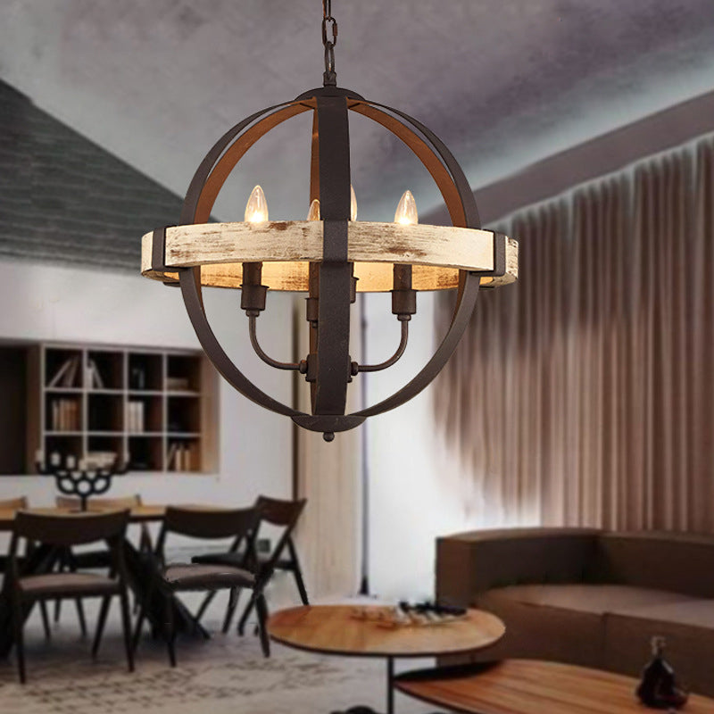 Wooden Global Chandelier Lamp Rural 4-Head Ceiling Light - Rebooters