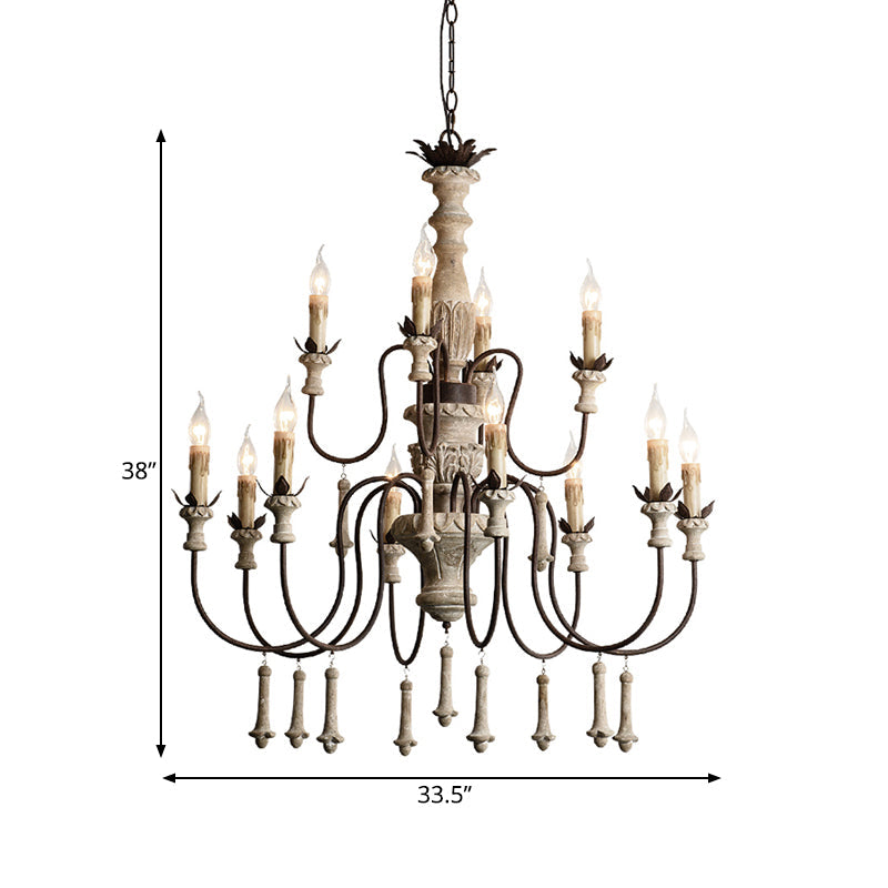 12 Heads Wood Chandelier Rural Brown 2-Tier Pendant Light - Rebooters