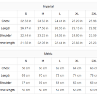 Size chart for clothing measurements in imperial and metric units.
