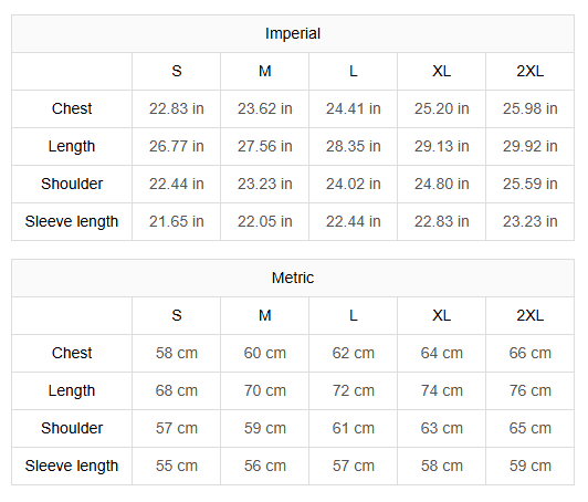 Size chart for clothing measurements in imperial and metric units.