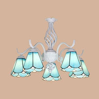 5 Lights Tiffany Pendant Light Conical Shade Living Room Chandelier White Blue - Rebooters