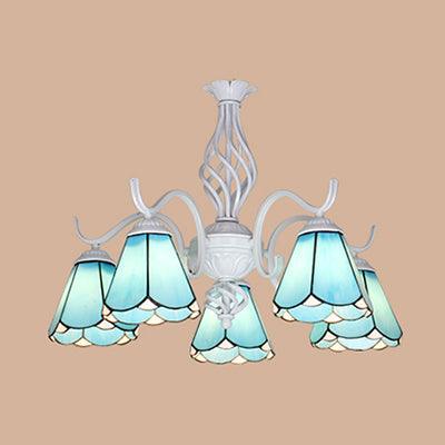 5 Lights Tiffany Pendant Light Conical Shade Living Room Chandelier White Blue - Rebooters