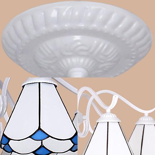 5 Lights Tiffany Pendant Light Conical Shade Living Room Chandelier White Blue - Rebooters
