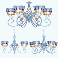 3/5/6 Lights Mediterranean Bowl Hanging Chandelier Stained Glass Pendant Light in Light Blue for Kitchen - Rebooters