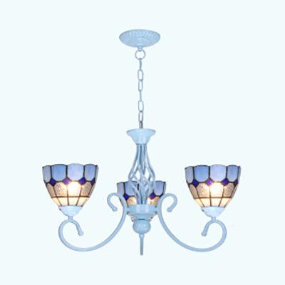 3/5/6 Lights Mediterranean Bowl Hanging Chandelier Stained Glass Pendant Light in Light Blue for Kitchen - Rebooters