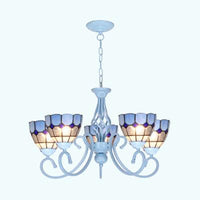 3/5/6 Lights Mediterranean Bowl Hanging Chandelier Stained Glass Pendant Light in Light Blue for Kitchen - Rebooters