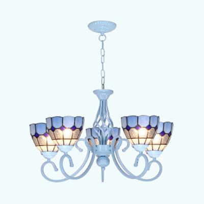 3/5/6 Lights Mediterranean Bowl Hanging Chandelier Stained Glass Pendant Light in Light Blue for Kitchen - Rebooters