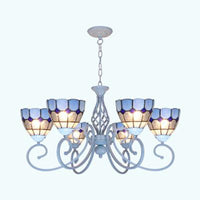 3/5/6 Lights Mediterranean Bowl Hanging Chandelier Stained Glass Pendant Light in Light Blue for Kitchen - Rebooters