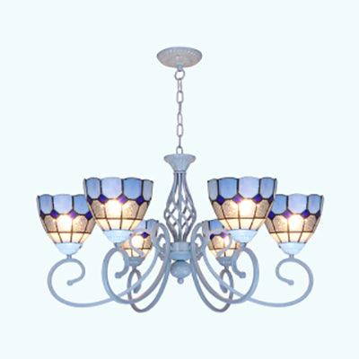 3/5/6 Lights Mediterranean Bowl Hanging Chandelier Stained Glass Pendant Light in Light Blue for Kitchen - Rebooters