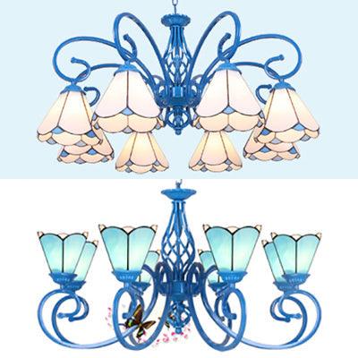 8 Lights Petal Chandelier Light with Curved Arm Tiffany Glass - Rebooters