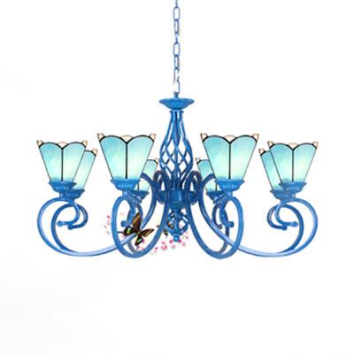 8 Lights Petal Chandelier Light with Curved Arm Tiffany Glass - Rebooters