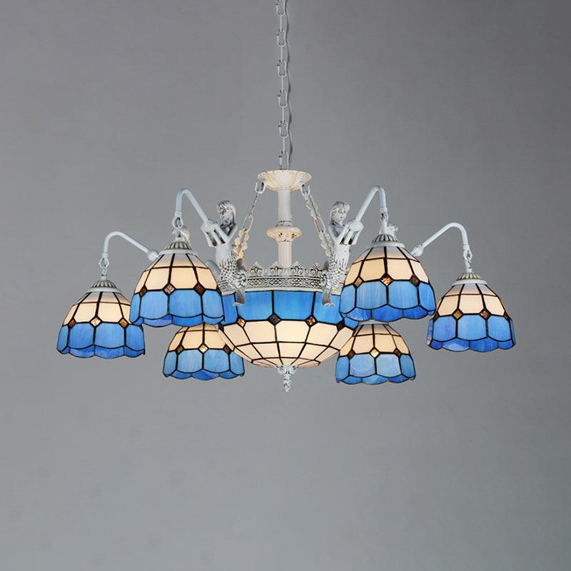 9 Lights Ceiling Light Tiffany Grid Patterned Stained Glass Chandelier - Rebooters