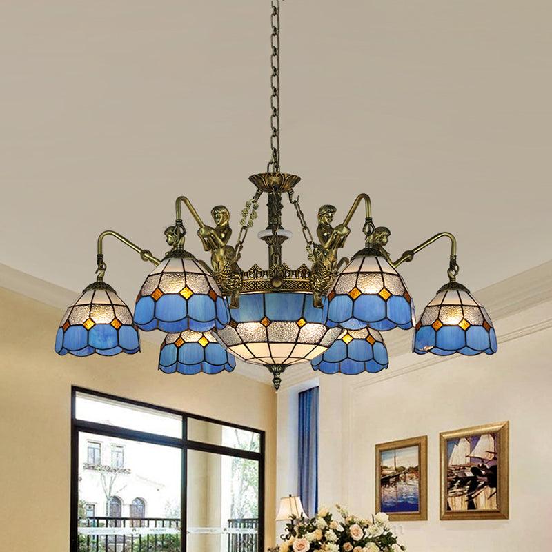 9 Lights Ceiling Light Tiffany Grid Patterned Stained Glass Chandelier - Rebooters