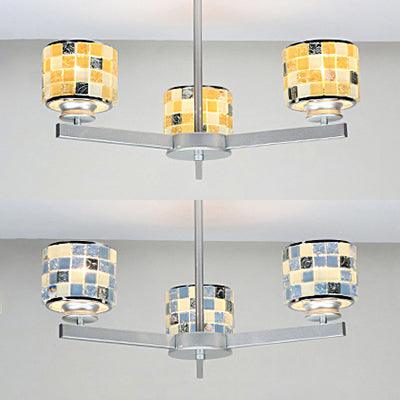 3 Lights Mosaic Chandelier with Drum Shade Modernism Indoor Pendant Light in Blue Yellow for Bathroom - Rebooters