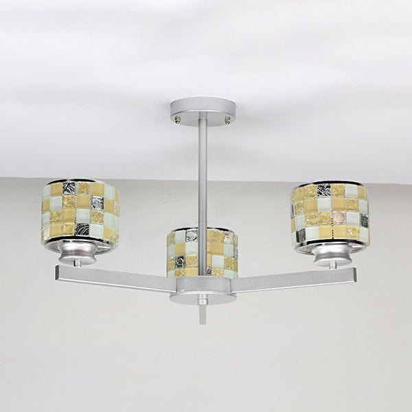 3 Lights Mosaic Chandelier with Drum Shade Modernism Indoor Pendant Light in Blue Yellow for Bathroom - Rebooters