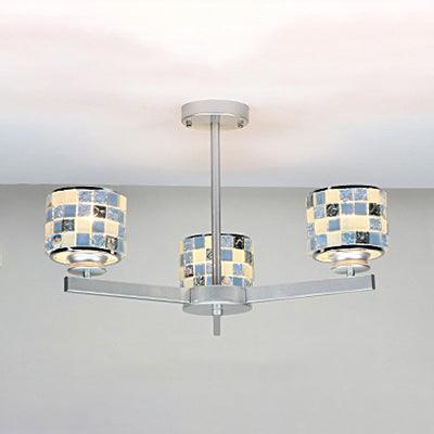 3 Lights Mosaic Chandelier with Drum Shade Modernism Indoor Pendant Light in Blue Yellow for Bathroom - Rebooters