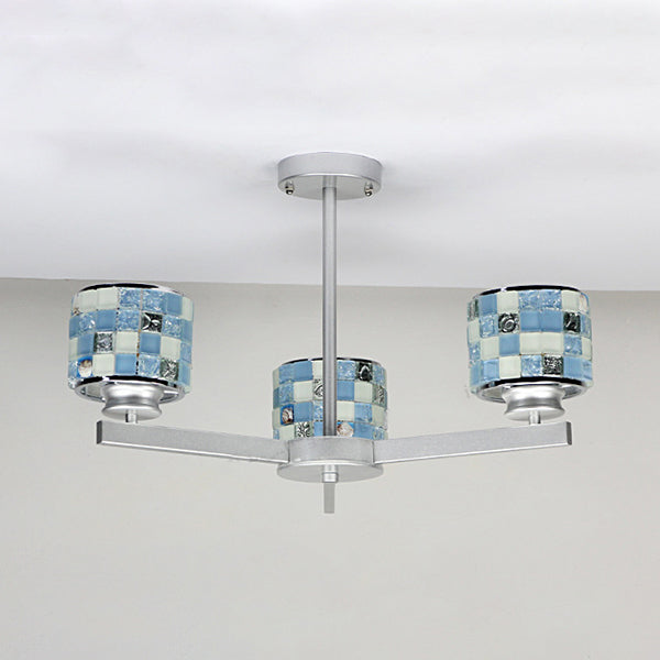 3 Lights Mosaic Chandelier with Drum Shade Modernism Indoor Pendant Light in Blue Yellow for Bathroom - Rebooters