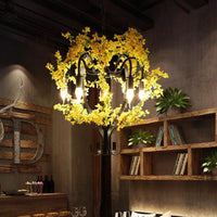 5 Heads Lantern Ceiling Pendant Industrial Yellow Metal Chandelier Light with Flower Decoration - Rebooters