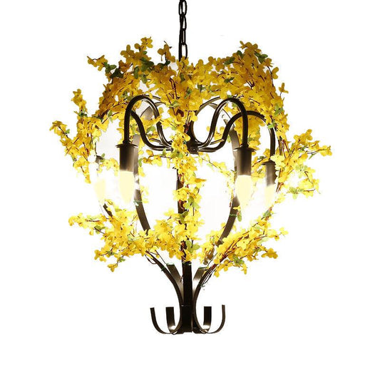 5 Heads Lantern Ceiling Pendant Industrial Yellow Metal Chandelier Light with Flower Decoration - Rebooters