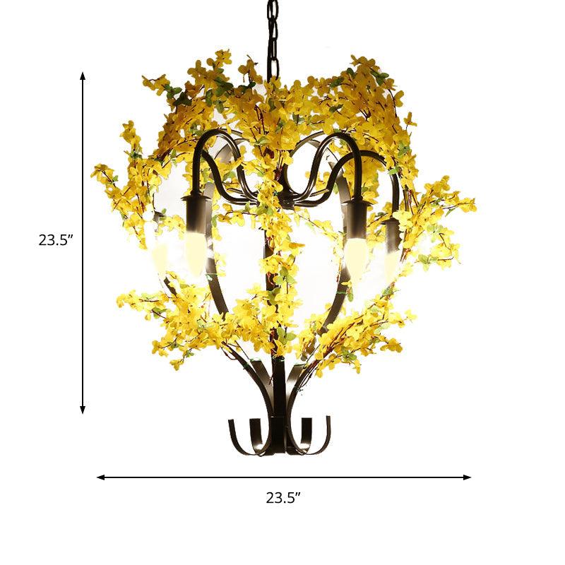 5 Heads Lantern Ceiling Pendant Industrial Yellow Metal Chandelier Light with Flower Decoration - Rebooters