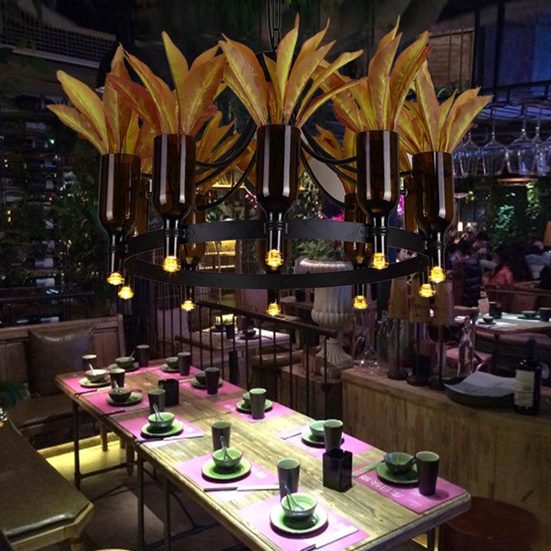 Black 10 Heads Hanging Chandelier Industrial Metal Round Pendant Light with Plant Decoration - Rebooters