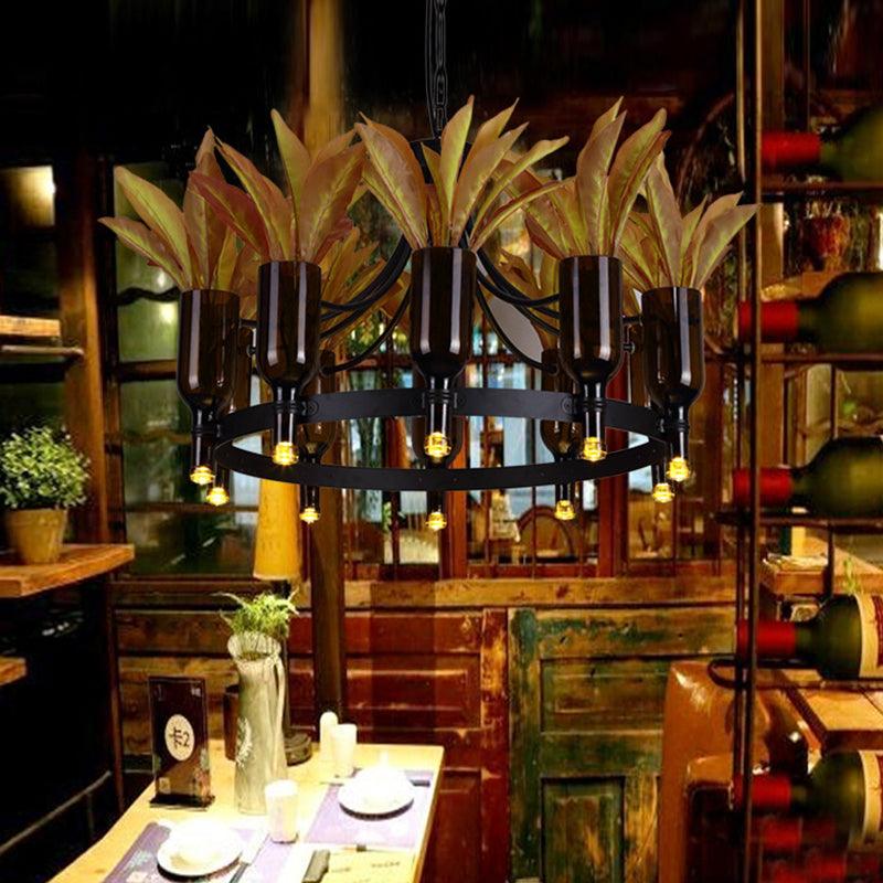 Black 10 Heads Hanging Chandelier Industrial Metal Round Pendant Light with Plant Decoration - Rebooters