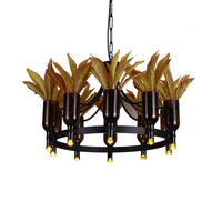 Black 10 Heads Hanging Chandelier Industrial Metal Round Pendant Light with Plant Decoration - Rebooters