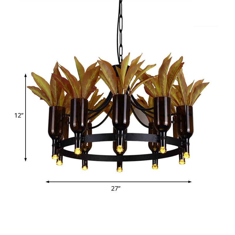 Black 10 Heads Hanging Chandelier Industrial Metal Round Pendant Light with Plant Decoration - Rebooters