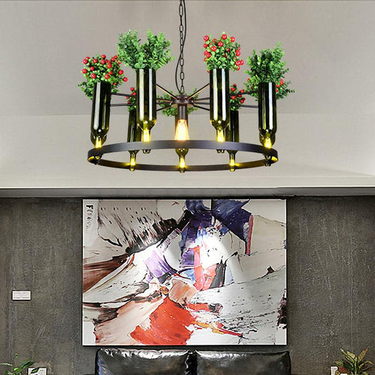 7/10 Heads Round Chandelier Lamp Industrial Green Metal Hanging Ceiling Light with Plant Decoration - Rebooters