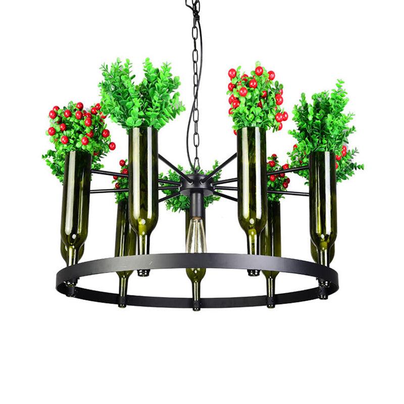 7/10 Heads Round Chandelier Lamp Industrial Green Metal Hanging Ceiling Light with Plant Decoration - Rebooters