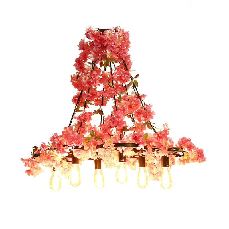 Bare Bulb Restaurant Chandelier Light Industrial 6 Bulbs LED Pink Flower Hanging Lamp - Rebooters
