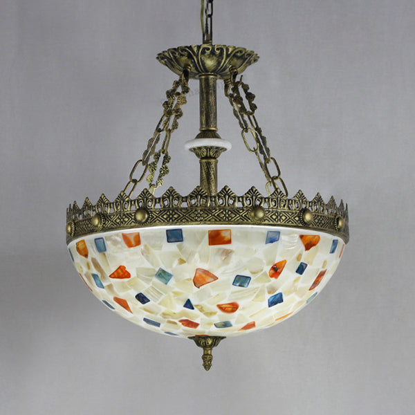 Stained Glass Bowl Pendant Light with Metal Chain Vintage Hanging Ceiling Light in White Beige Orange Blue for Foyer - Rebooters