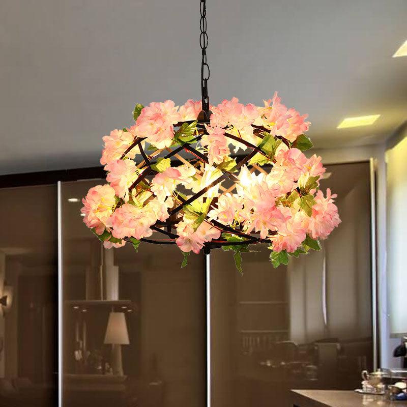 3 Bulbs Chandelier Light Industrial Bird Nest Metal LED Lamp Pink Cherry Blossom - Rebooters