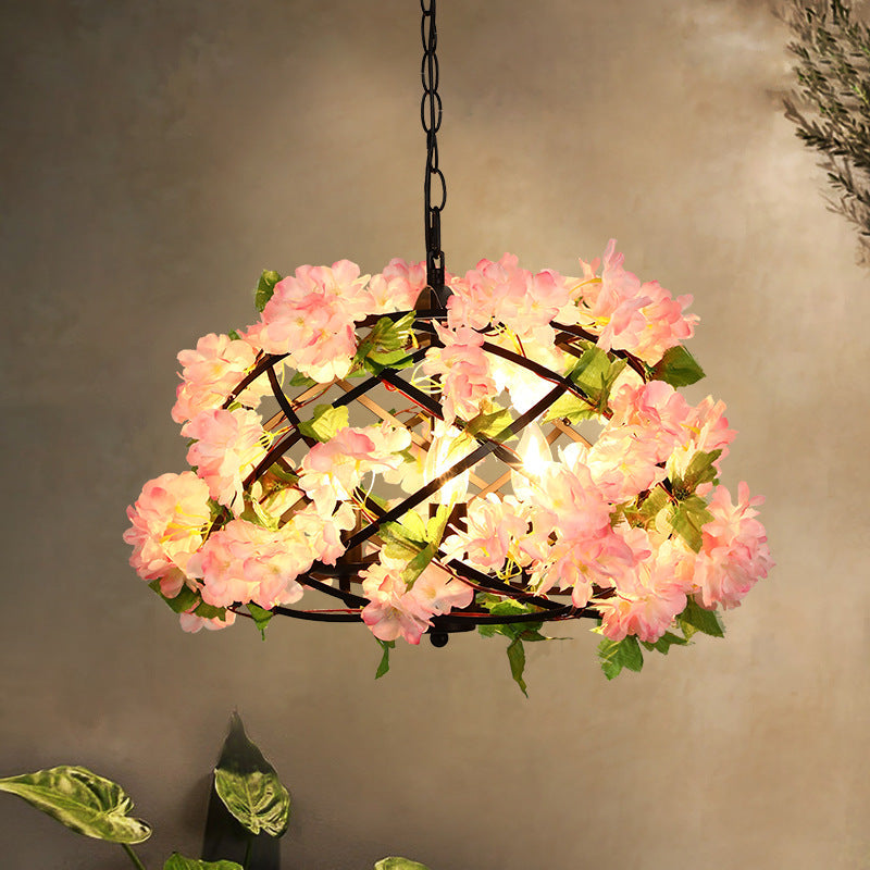 3 Bulbs Chandelier Light Industrial Bird Nest Metal LED Lamp Pink Cherry Blossom - Rebooters