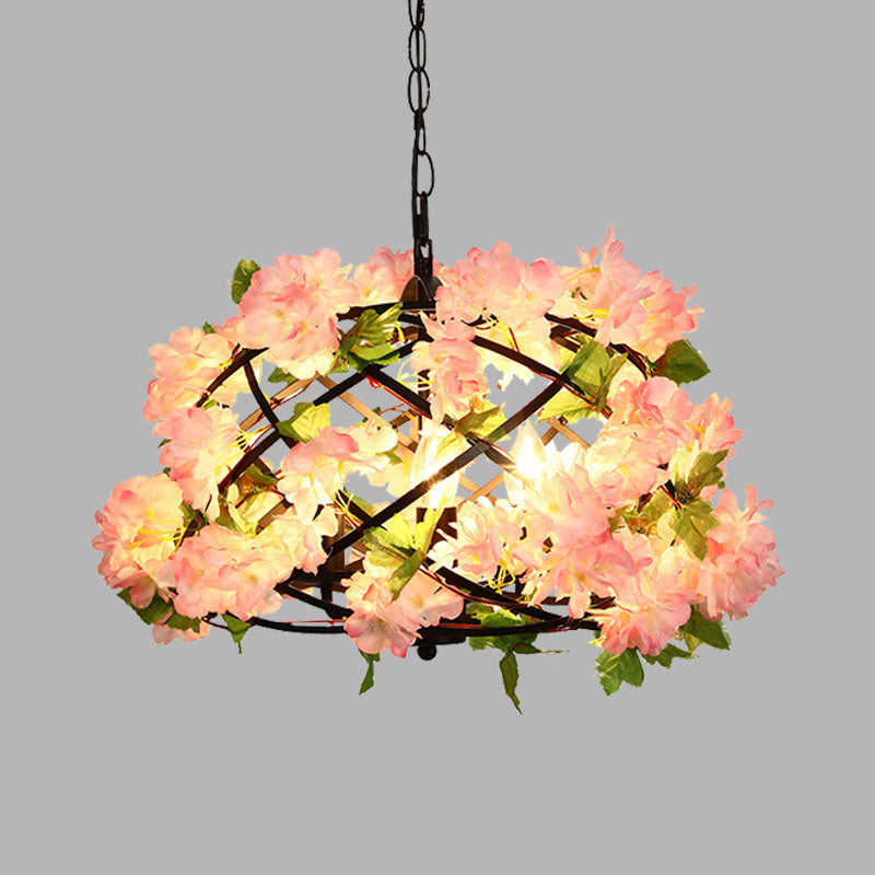 3 Bulbs Chandelier Light Industrial Bird Nest Metal LED Lamp Pink Cherry Blossom - Rebooters