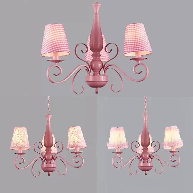 Girl Bedroom Tapered Shade Chandelier Metal 3 Lights Kids Pink Hanging Light - Rebooters