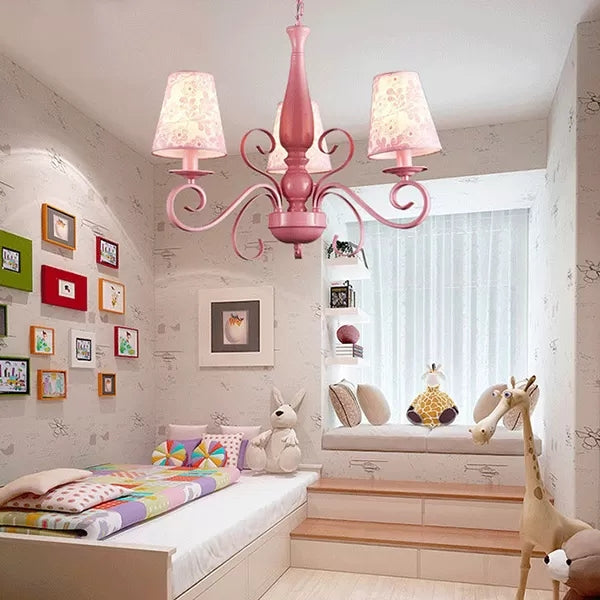 Girl Bedroom Tapered Shade Chandelier Metal 3 Lights Kids Pink Hanging Light - Rebooters