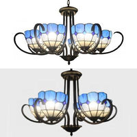 6/8 Lights Bowl Pendant Lighting Stained Glass Baroque Chandelier Light in Blue with Metal Chain - Rebooters
